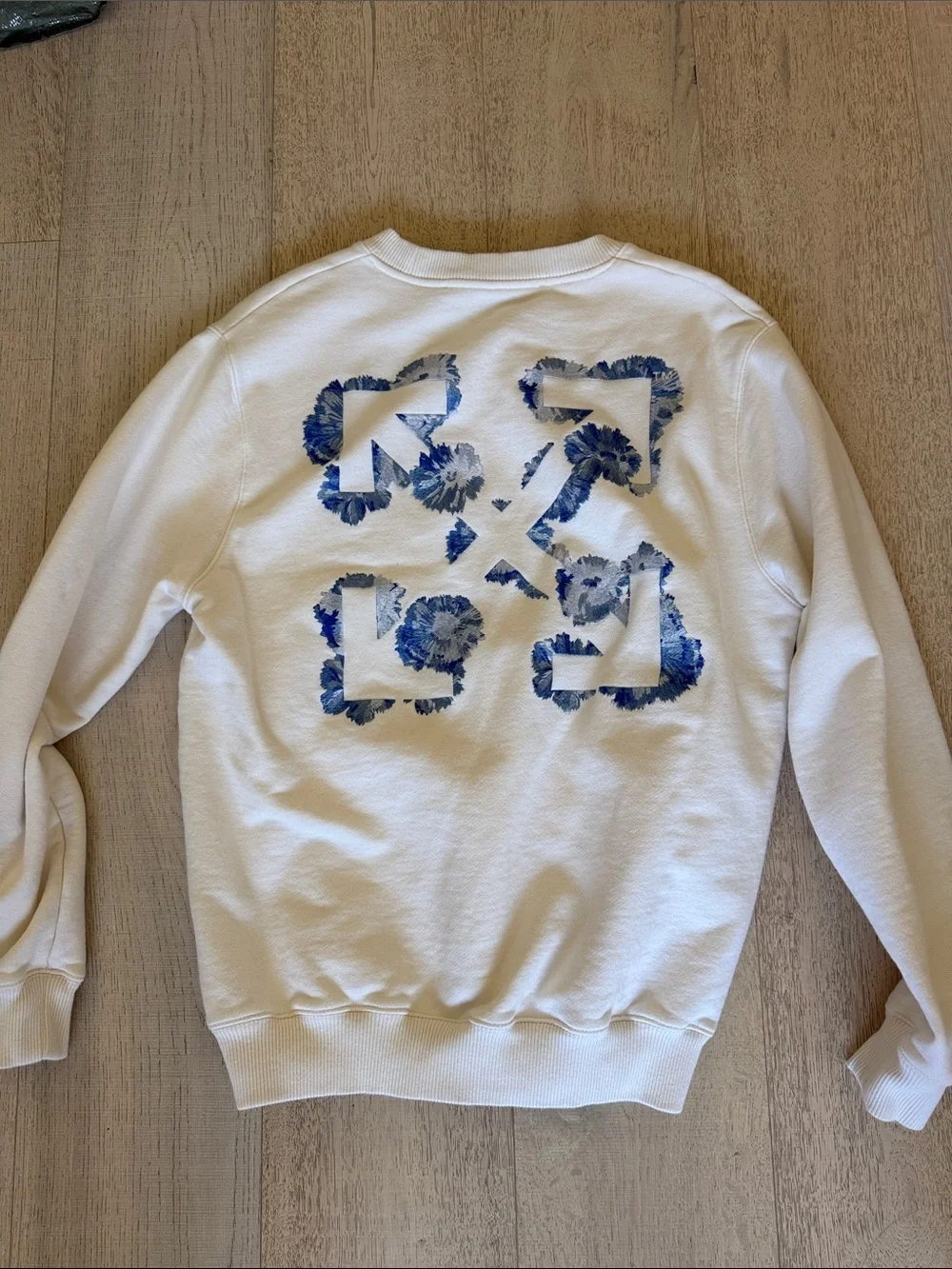 Off-White White Crewneck Sweatshirt with Blue Floral Motif
